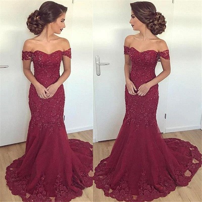 Lace Glamorous Burgundy Mermaid Appliques Long Off-the-Shoulder Evening Dress_4