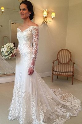 Sexy Off The Shoulder Beautiful Lace Long Sleeve Sheath V-neck Court-Train Wedding Dresses_2