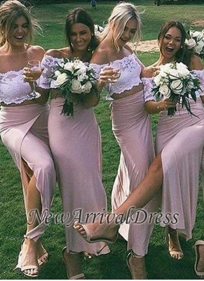 Sleeves Two-Piece Side-Slit Chic Short Lace Pink Bridesmaid Dresses_3