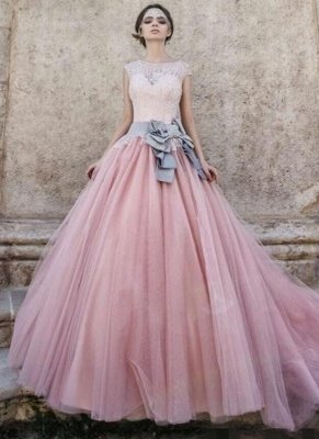 Lace Appliques Pink Ball Gown Wedding Dresses | Bowknot Cap Sleeve Bridal Gowns_2