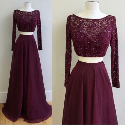 Gorgeous Two Piece Burgundy Prom Dresses | Long Sleeve Lace Evening Dress with Beads_3