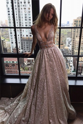 Shiny Long Deep-V-Neck Backless A-line Prom Dresses_1