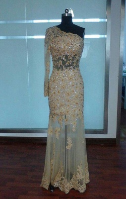 New Arrival Prom Dresses Mermaid Lace Beading Appliques One Shoulder Long Sleeves Gold Sheer Evening Dresses_3