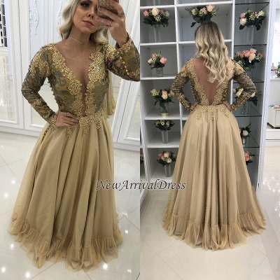V-Neck Floor-Length Long Sleeves Lace Chic Prom Dresses_1