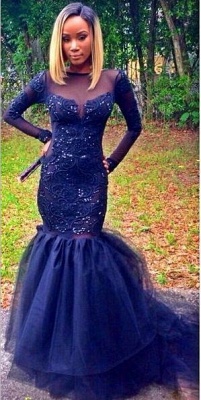 Prom Dresses Round Neck Sheer Long Sleeves Lace Applique Beading Mermaid Navy Blue Court Train Sexy Evening Gowns_1