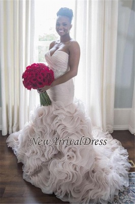 Sleeveless Sweetheart Sexy Open Back Sheath Ruffles Organza Court Train Wave Design Wedding Dresses  Online_1