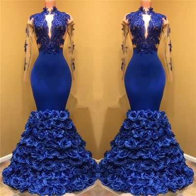 Gorgeous Royal Blue Prom Dresses | Long Sleeves Evening Gowns with Rose Flowers_3