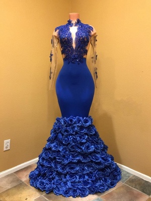 Gorgeous Royal Blue Prom Dresses | Long Sleeves Evening Gowns with Rose Flowers_1