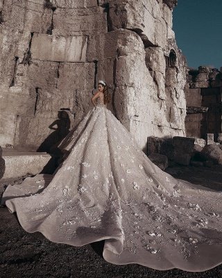 Robes de mariée de luxe avec perles florales | Col rond manches longues robes de mariée robe de bal_3