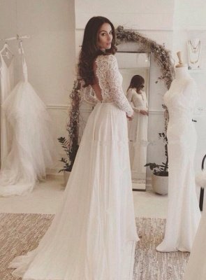 Chiffon Elegant Long Sleeve  Online V-neck Lace Appliques Wedding Dresses_2