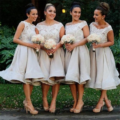 Modest Lace Off the Shoulder Tea Length A-line Bridesmaid Dress_3