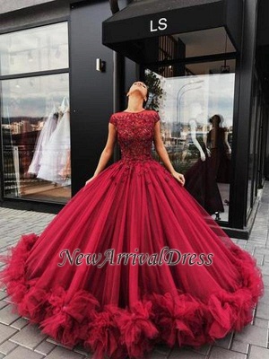 Short Sleeves Burgundy Ball Gown Luxury Scoop Prom Dresses_1