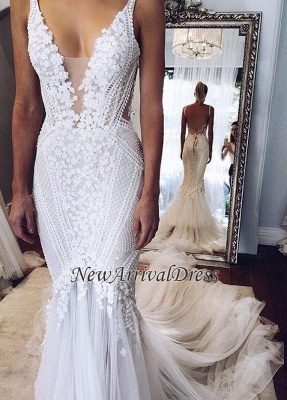 Custom Made Elegant Lace Appliques V-Neck Mermaid Open Back Wedding Dress_1