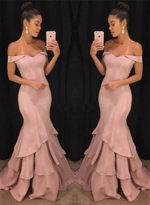 Pink Off The Shoulder Mermaid Prom Dresses Tiered Simple Formal Gowns SK0118-GA0_1