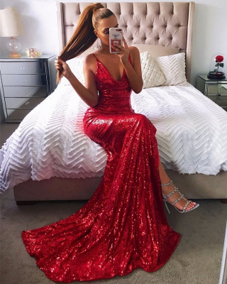 Sexy Red Sequin Prom Dresses | Halter Neck Backless High Slit Party Dresses_1