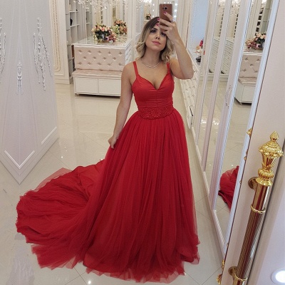 Sexy vestido de noche rojo con cuello en V | Vestido de fiesta de tul sirena 2021_2