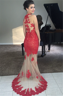 Elegant Red Lace Tulle Long Prom Gowns Popular Apllique Sweep Train Evening Dress_2