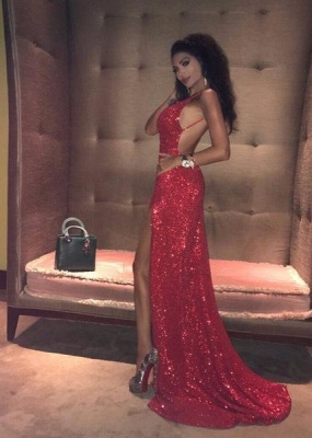 Sexy Red Sequin Prom Dresses | Halter Neck Backless High Slit Party Dresses_4