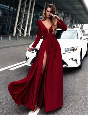 Sexy Red Long Sleeve V-neck Prom Dress | Front Split Evening Gown_1