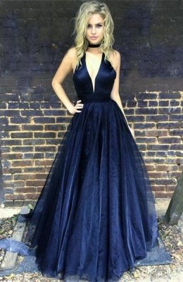 Black Newest A-line Floor-length V-neck Sleeveless Prom Dress_2