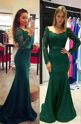 Elegante vestido de fiesta de encaje de sirena verde de manga larga a la venta_1