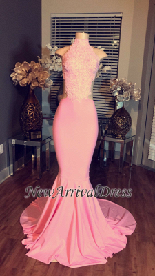 High Neck Lace Mermaid Sleeveless Pink Long Prom Dresses  BA4981_1