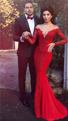 Red Mermaid Prom Dresses Long Sleeves Lace Formal Evening Gowns_1