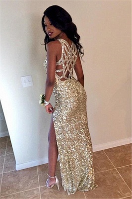 Split Long Sheath Champagne V-neck Sparkly Sexy Sequined Prom Dresses_3