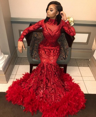 Langarm Mermaid Red Prom Dresses Günstige 2021 | Pailletten Applikationen Feder Abendkleid BC1327_2