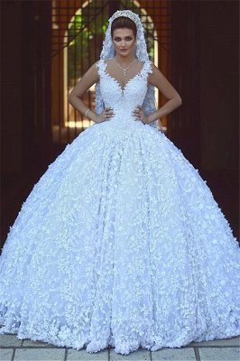 Sexy V-neck Straps Lace Wedding Dresses  | Sleeveless Ball Gown Bridal Gowns 2021 with Appliques_1