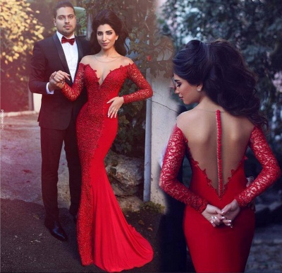Red Mermaid Prom Dresses Long Sleeves Lace Formal Evening Gowns_3