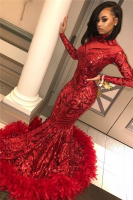 Langarm Mermaid Red Prom Dresses Günstige 2021 | Pailletten Applikationen Feder Abendkleid BC1327_1