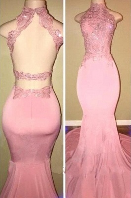 Pink Open Back High Neck Mermaid Long Prom Dresses  | Pink Prom Dresses_2