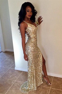 Split Long Sheath Champagne V-neck Sparkly Sexy Sequined Prom Dresses_2