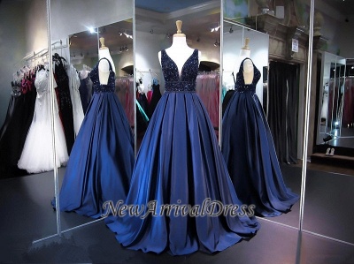 V-Neck Beads Custom Made Prom Dresses | A-line Sleeveless Navy Elegant Evening Dress_1