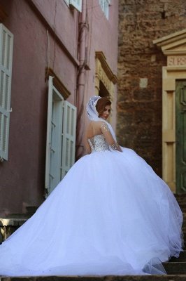 Sweetheart Crystalss Ball Gown Wedding Dress  See Through Long Sleeve -up Princess Chapel Train Wedding Gowns_5