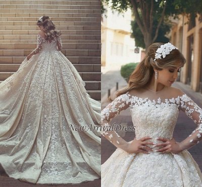 See Through Tulle Appliques Ivory Wedding Dresses | Long Sleeve Bridal Gowns with Cathedral Train_1