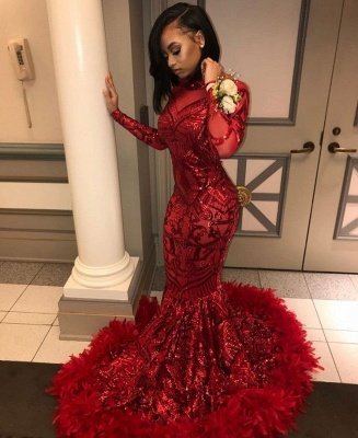 Long Sleeve Mermaid Red Prom Dresses   | Sequins Appliques Feather Formal Dress BC1327_3