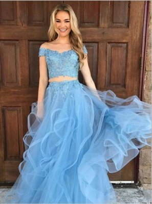 Modest Blue Two Piece Two Piece Off-the-shoulder Ruffles Prom Dress_3