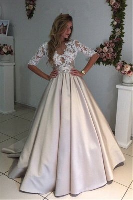 A-Line Half-Sleeves Illusion Lace Puff Custom Made Elegant Wedding Dresses_2