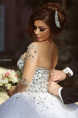 Sweetheart Crystalss Ball Gown Wedding Dress  See Through Long Sleeve -up Princess Chapel Train Wedding Gowns_3