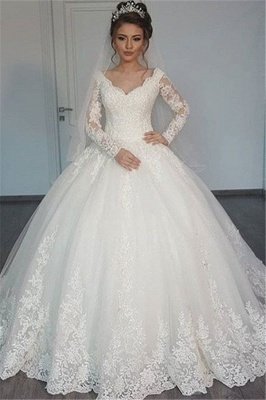 Long Sleeve Tulle V-Neck Elegant Vintage Lace Ball Gown Wedding Dresses  Online_2