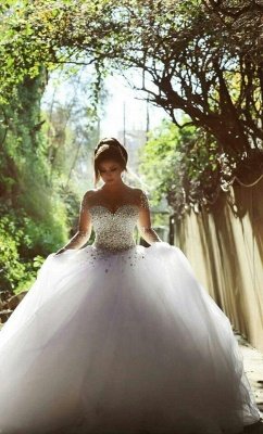 Sweetheart Crystalss Ball Gown Wedding Dress  See Through Long Sleeve -up Princess Chapel Train Wedding Gowns_7