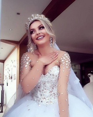 Brilliant Jewel Long Sleeve Crystals Ball Gown Wedding Dresses_2