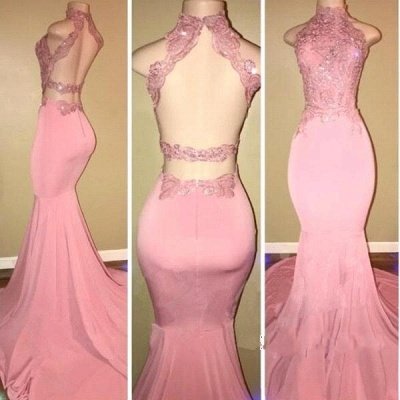 Pink Open Back High Neck Mermaid Long Prom Dresses  | Pink Prom Dresses_3