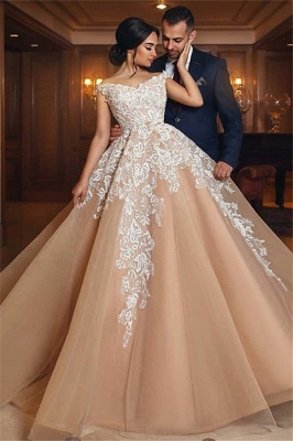 Off The Shoulder Lace Champagne Wedding Dresses | Puffy Tulle Elegant Bridal Gowns  Online_2