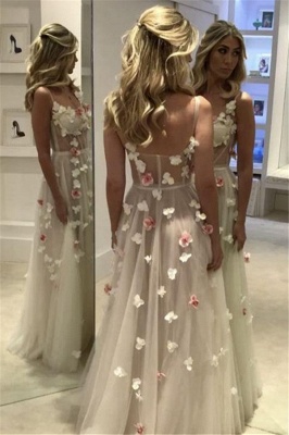 Open Back Flowers Long Prom Dresses  | Spaghetti Straps Sexy Formal Evening Gowns_3