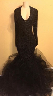 Black Long Prom Dresses  with Sleeves | Mermaid Formal Dresses Plus Size BA8155_1