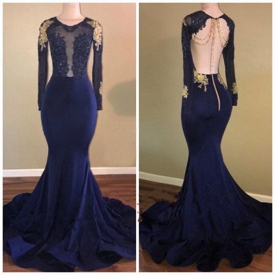 Long Sleeve Sheer Mermaid Gold-Appliques Navy-Blue Long Prom Dresses  | Prom Dresses  Online_2
