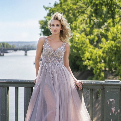 Rhinestones Beading Tulle Brilliant Sleeveless A-Line Deep-V-Neck Prom Dresses_4